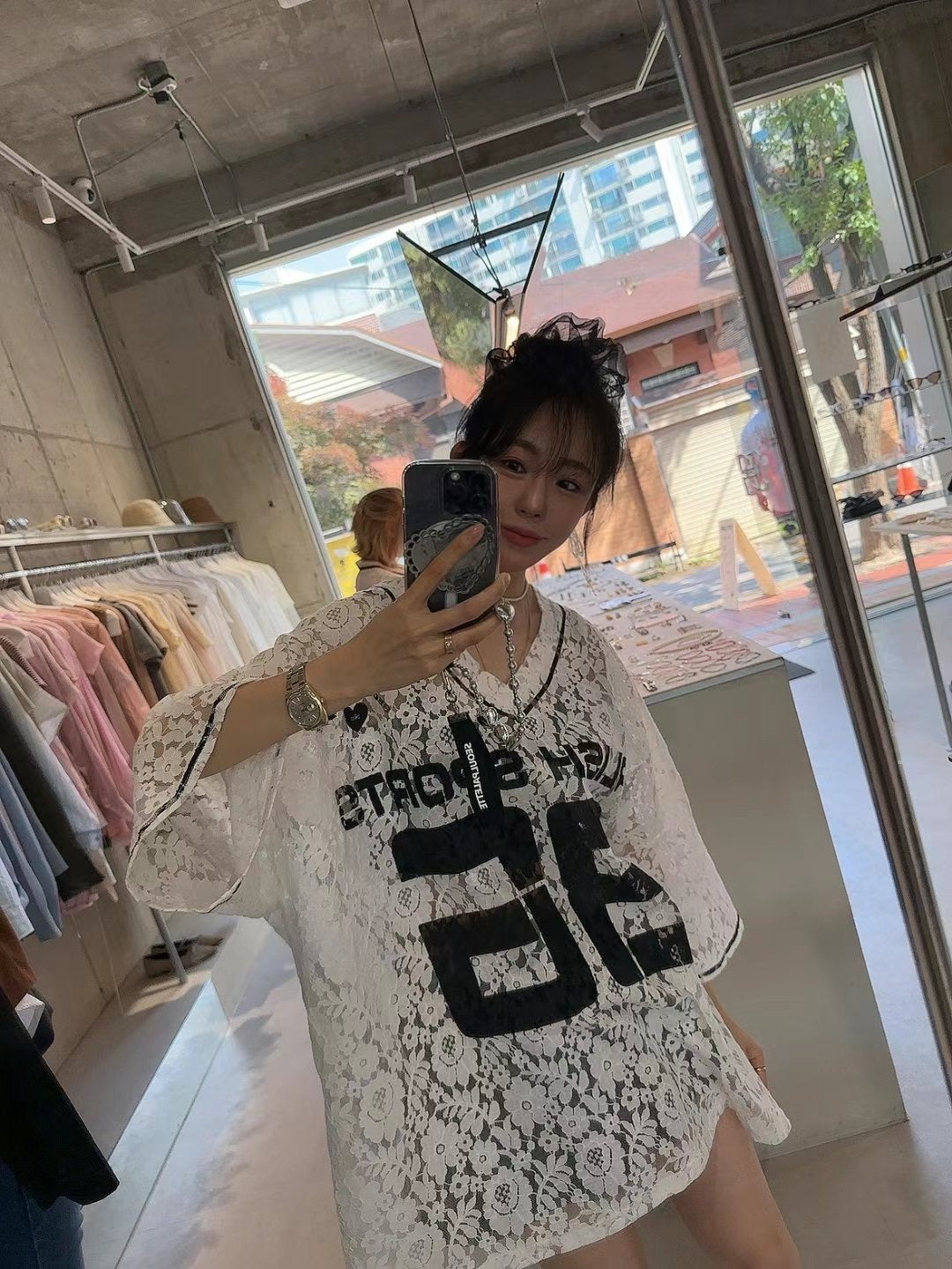 “86”Lace V領長Tee