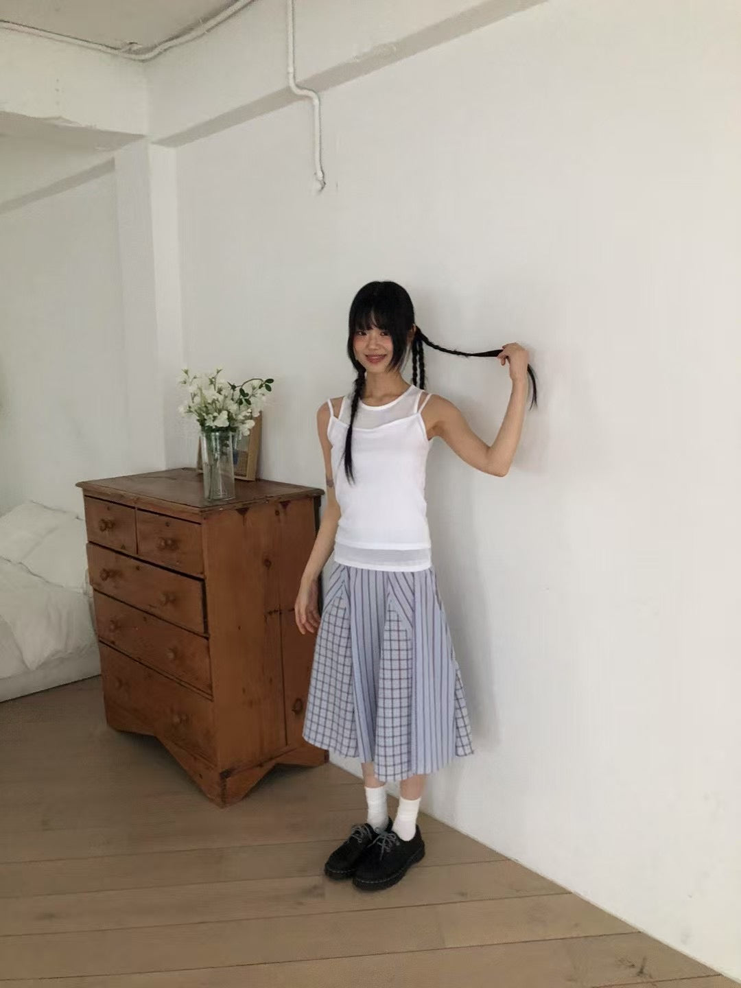 直間拼格仔半截裙