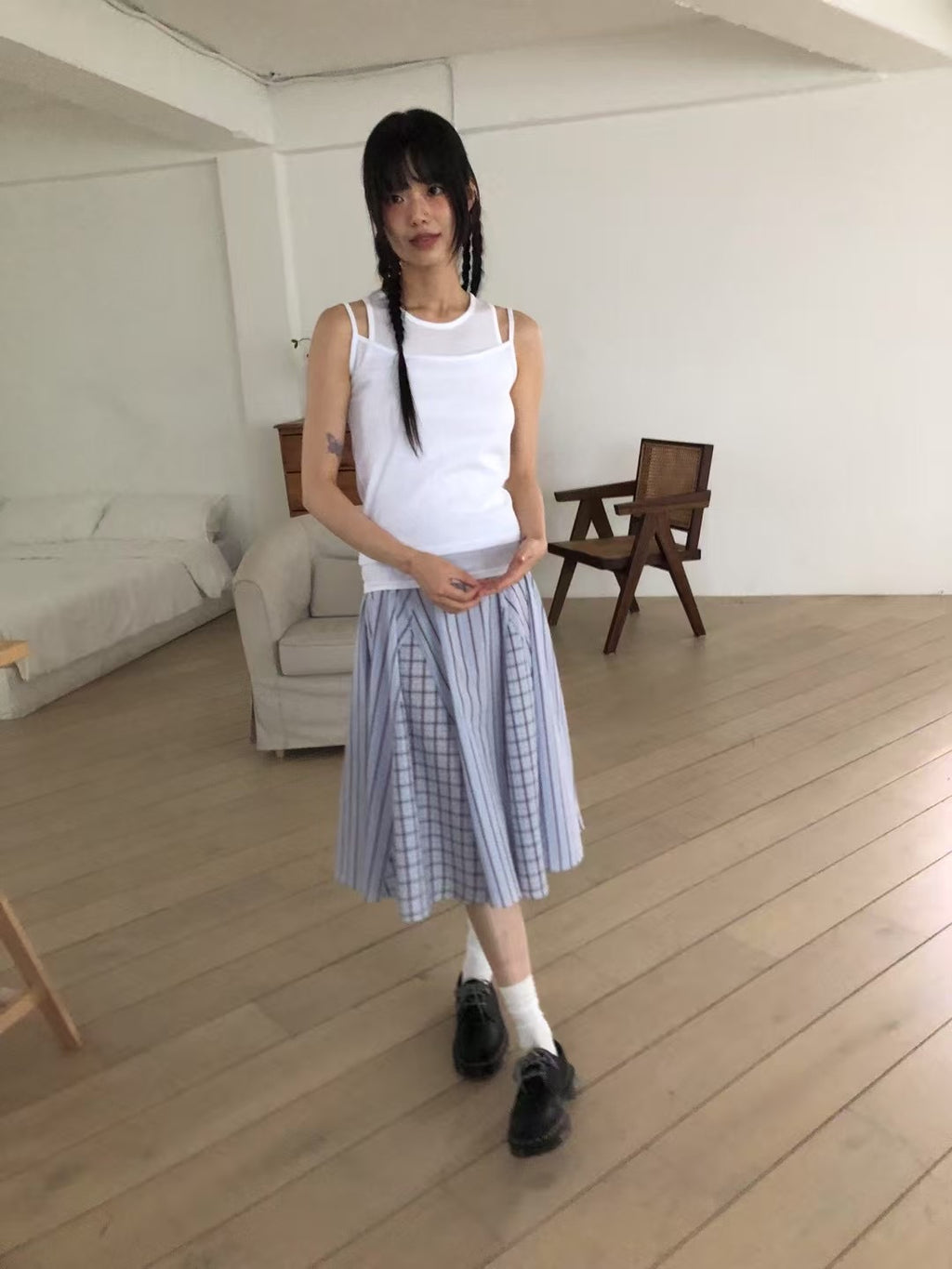 直間拼格仔半截裙
