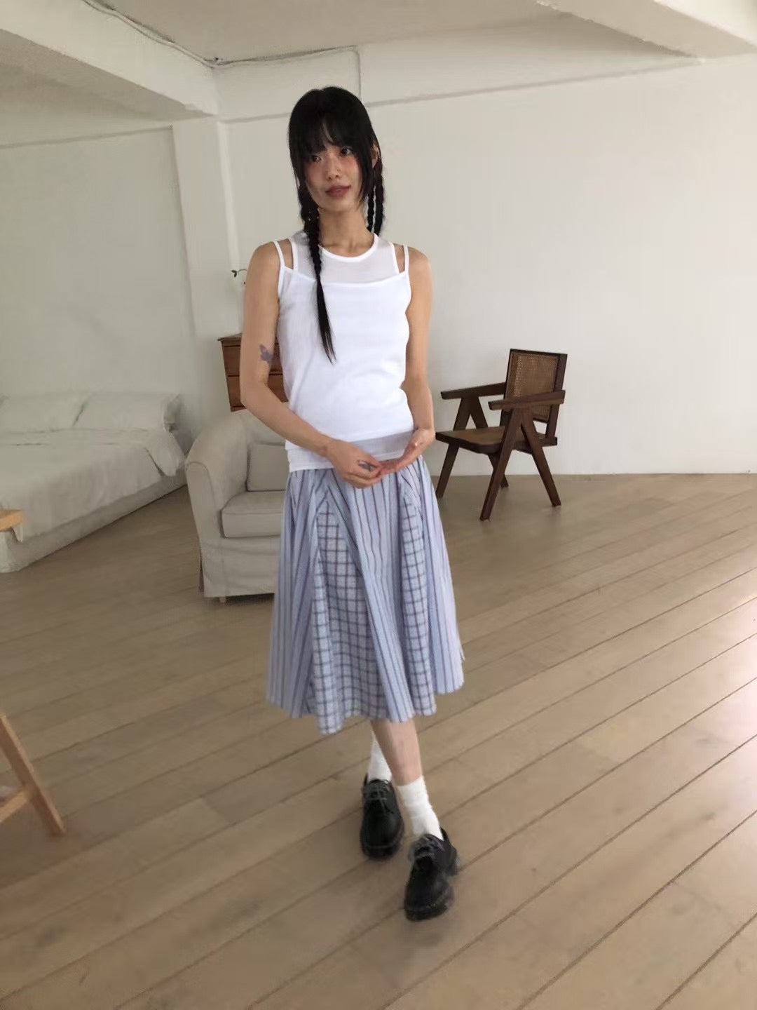 直間拼格仔半截裙