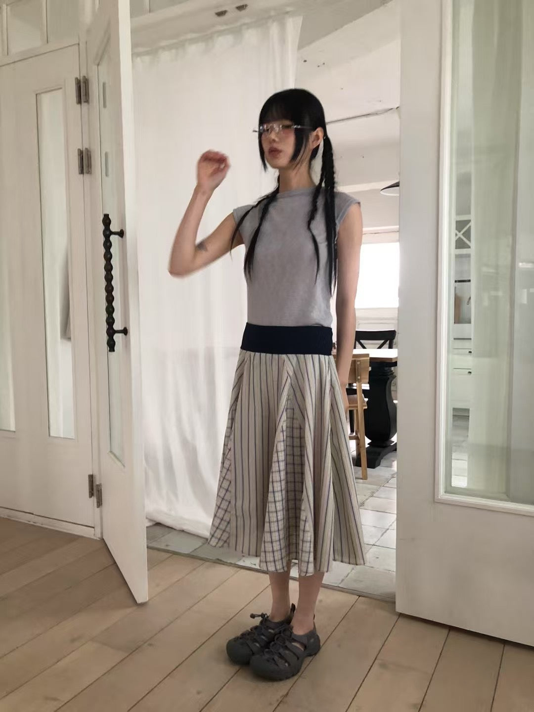 直間拼格仔半截裙