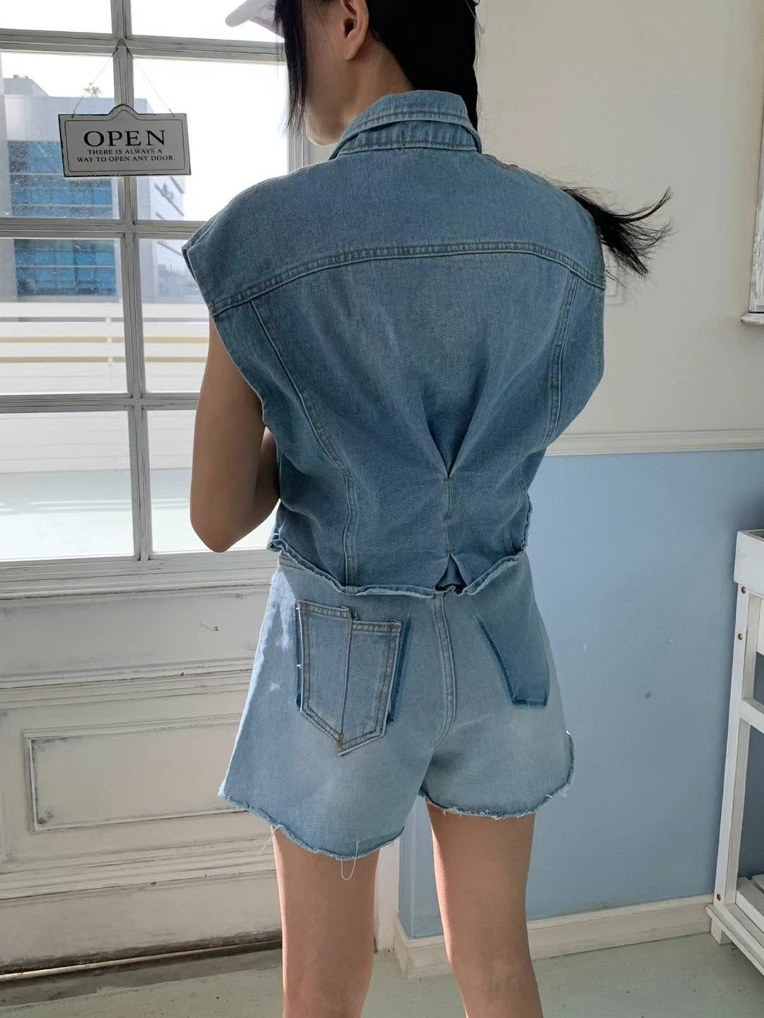 belted denim vest jacket