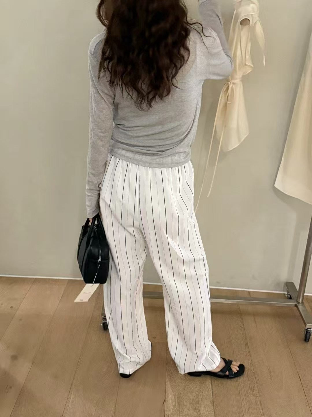 間條闊腳布褲