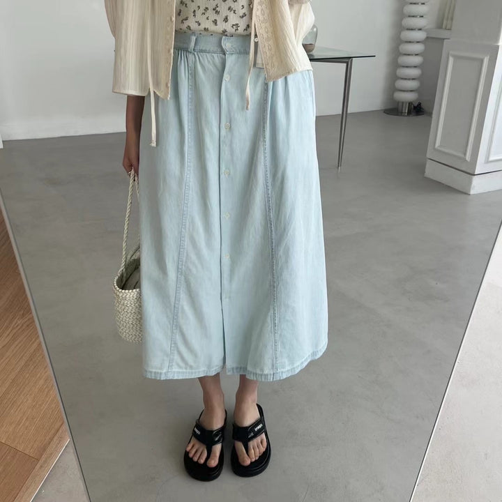 button front denim maxi skirt