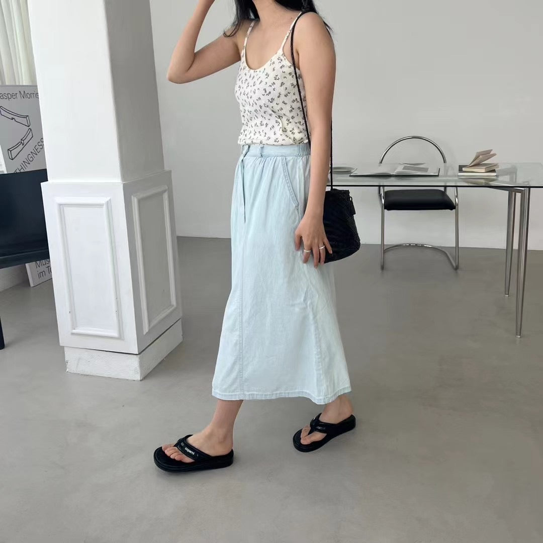 button front denim maxi skirt