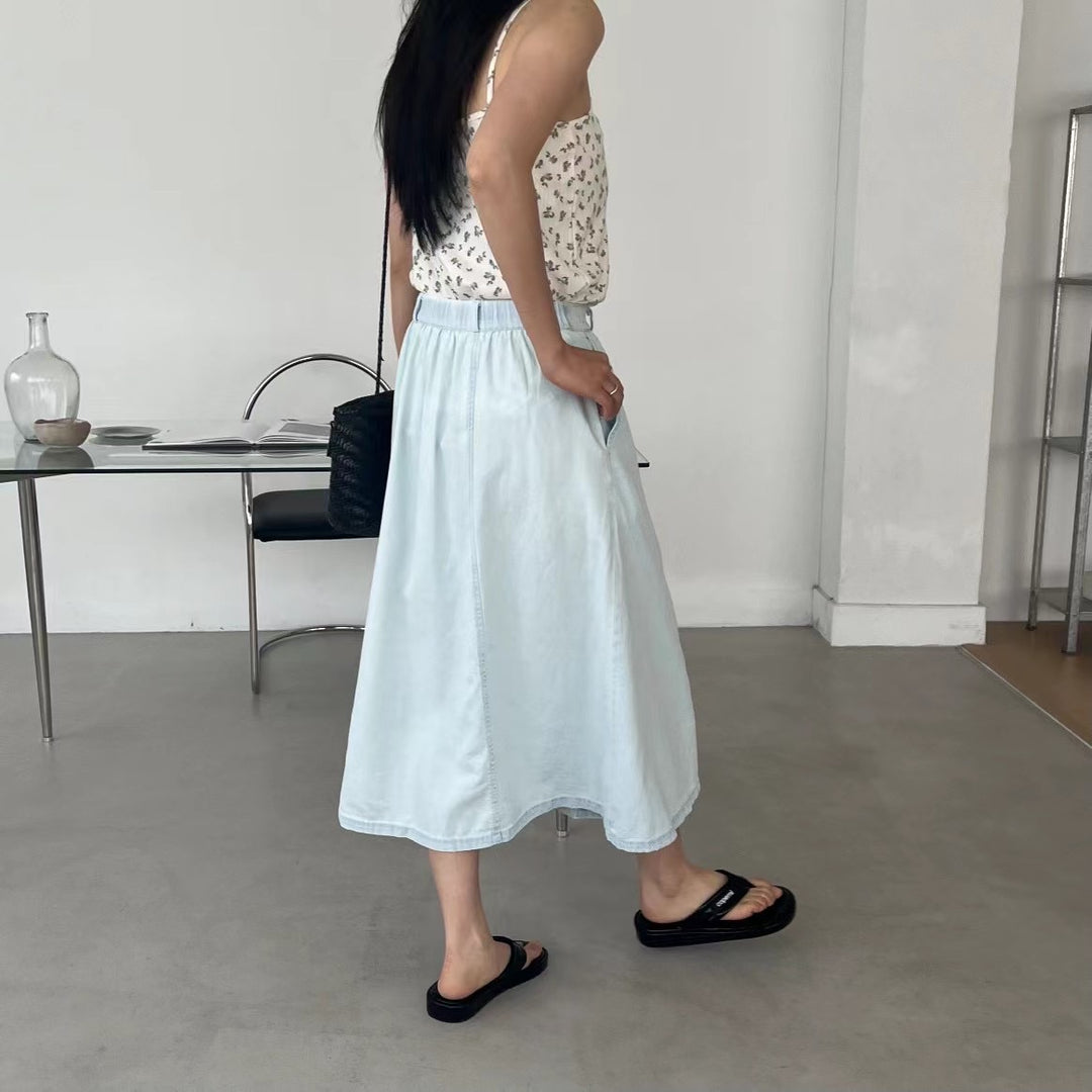 button front denim maxi skirt