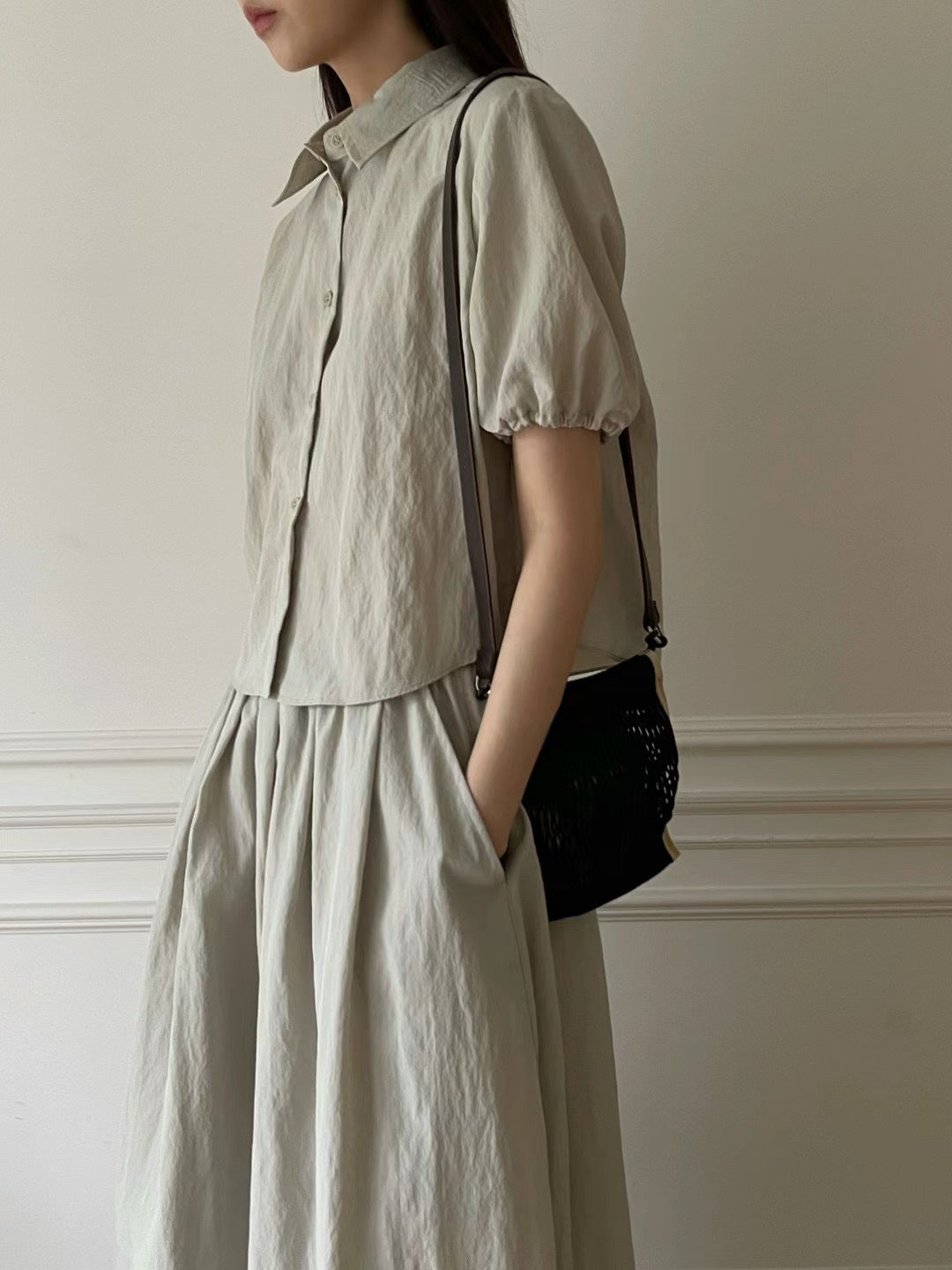 Long skirt puff sleeve shirt set