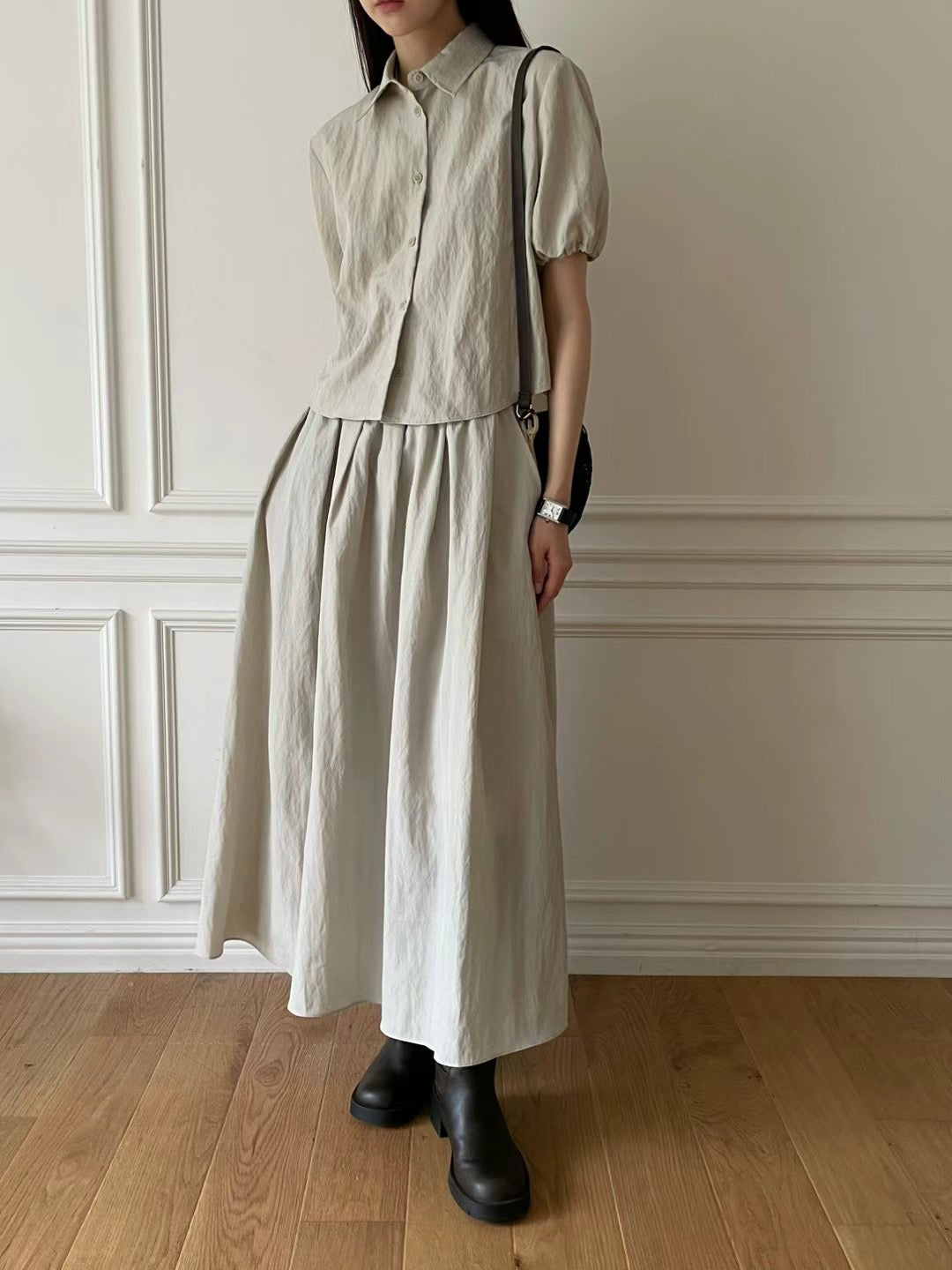 Long skirt puff sleeve shirt set