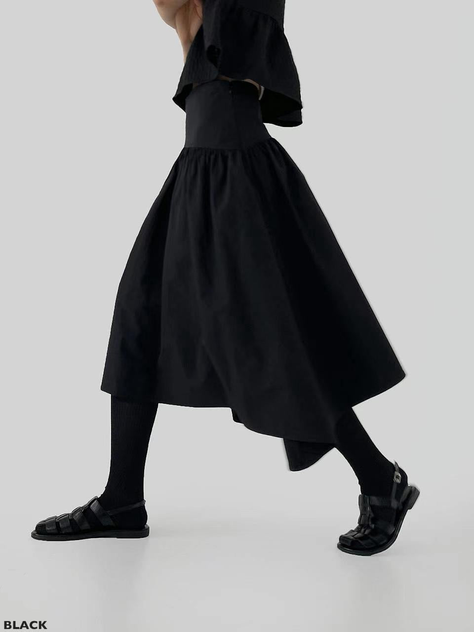 Belted long umbrella skirt