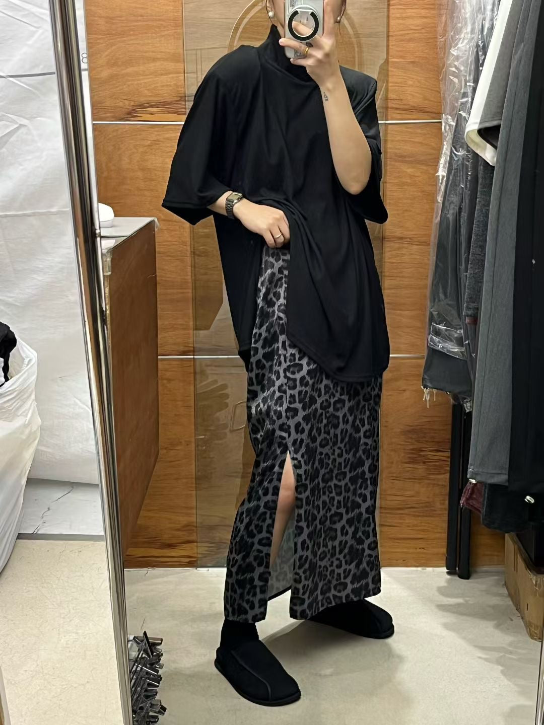 側開叉豹紋半摺長裙