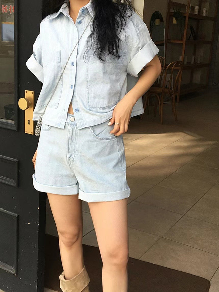 Two pockets of denim short-shirt (denim shorts can be purchased separately to form a set)