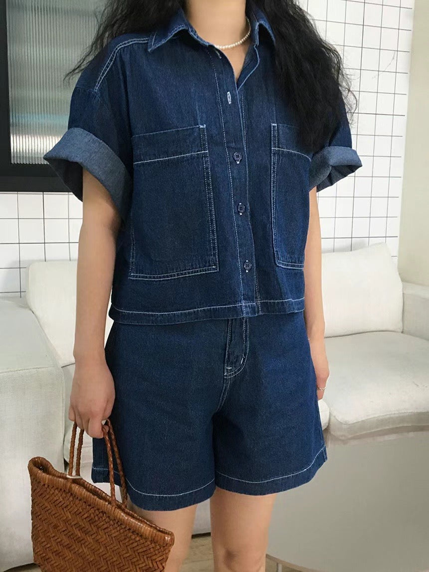 Two pockets of denim short-shirt (denim shorts can be purchased separately to form a set)