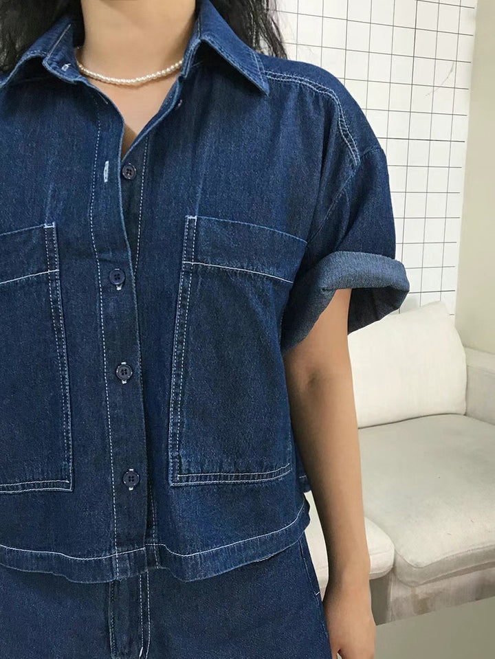 Two pockets of denim short-shirt (denim shorts can be purchased separately to form a set)