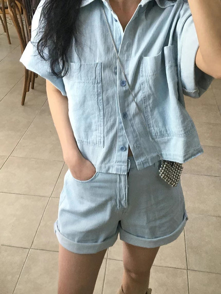 Two pockets of denim short-shirt (denim shorts can be purchased separately to form a set)