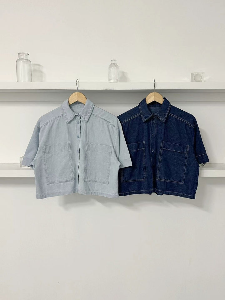 Two pockets of denim short-shirt (denim shorts can be purchased separately to form a set)