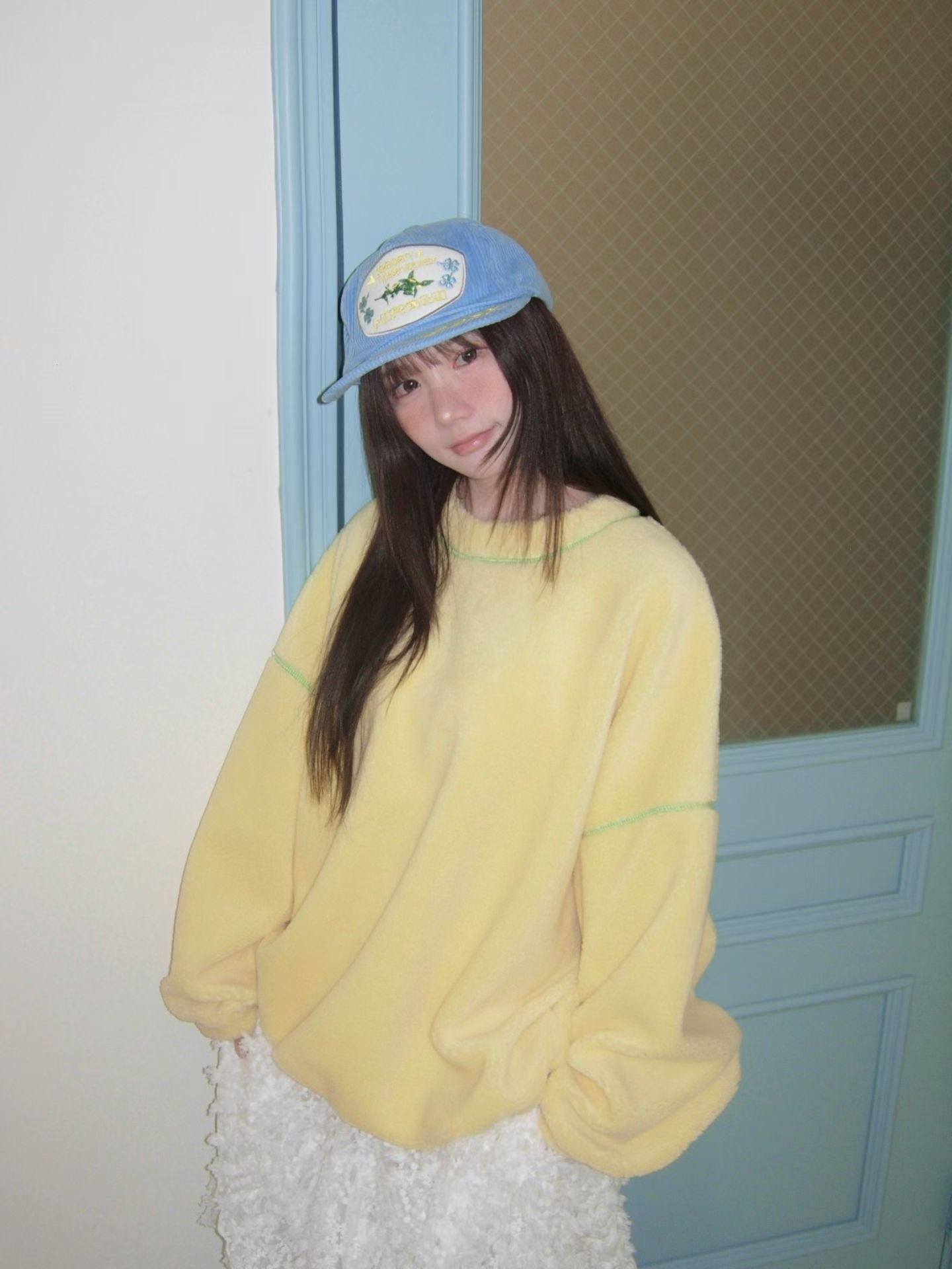 撞色車線天鵝絨長TEE