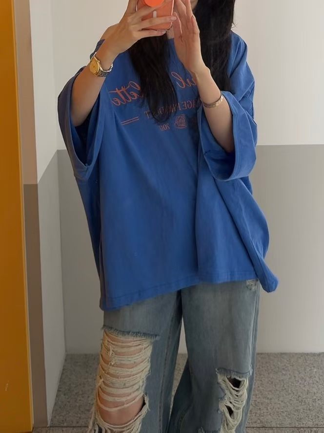 闊身英文字跌膊Tee