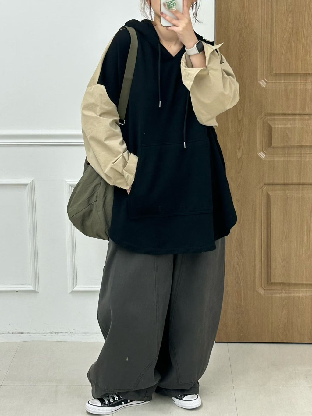 拚布有帽長衛衣