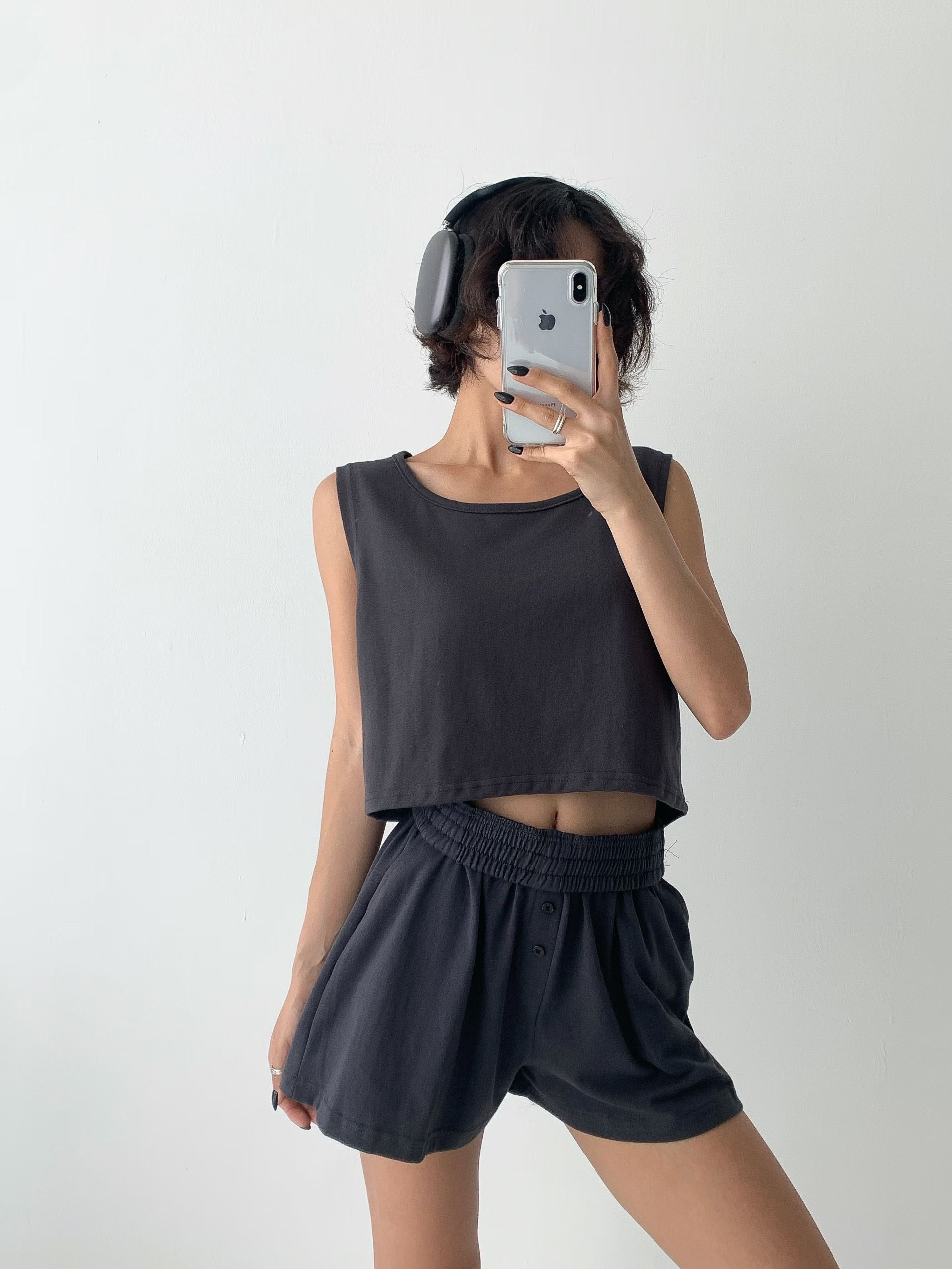前扣鈕布短褲（set裝可另購雙層背心)