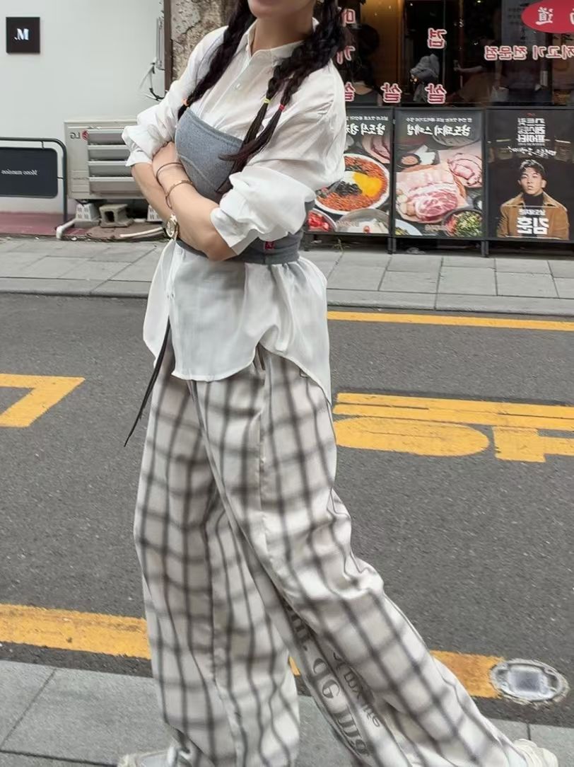 英文字格仔闊腳褲