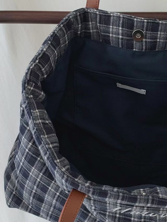 格仔/波點絨布拚皮帶手袋