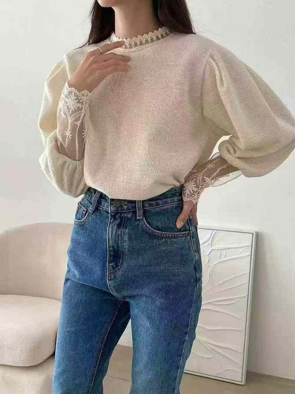 Lace拚袖Tee
