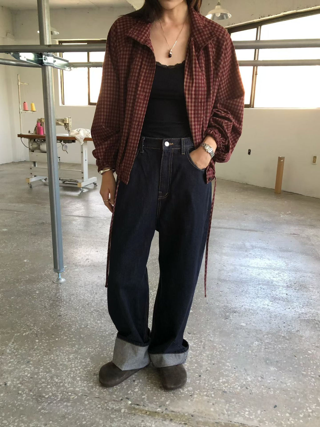 格仔索腰企領恤衫