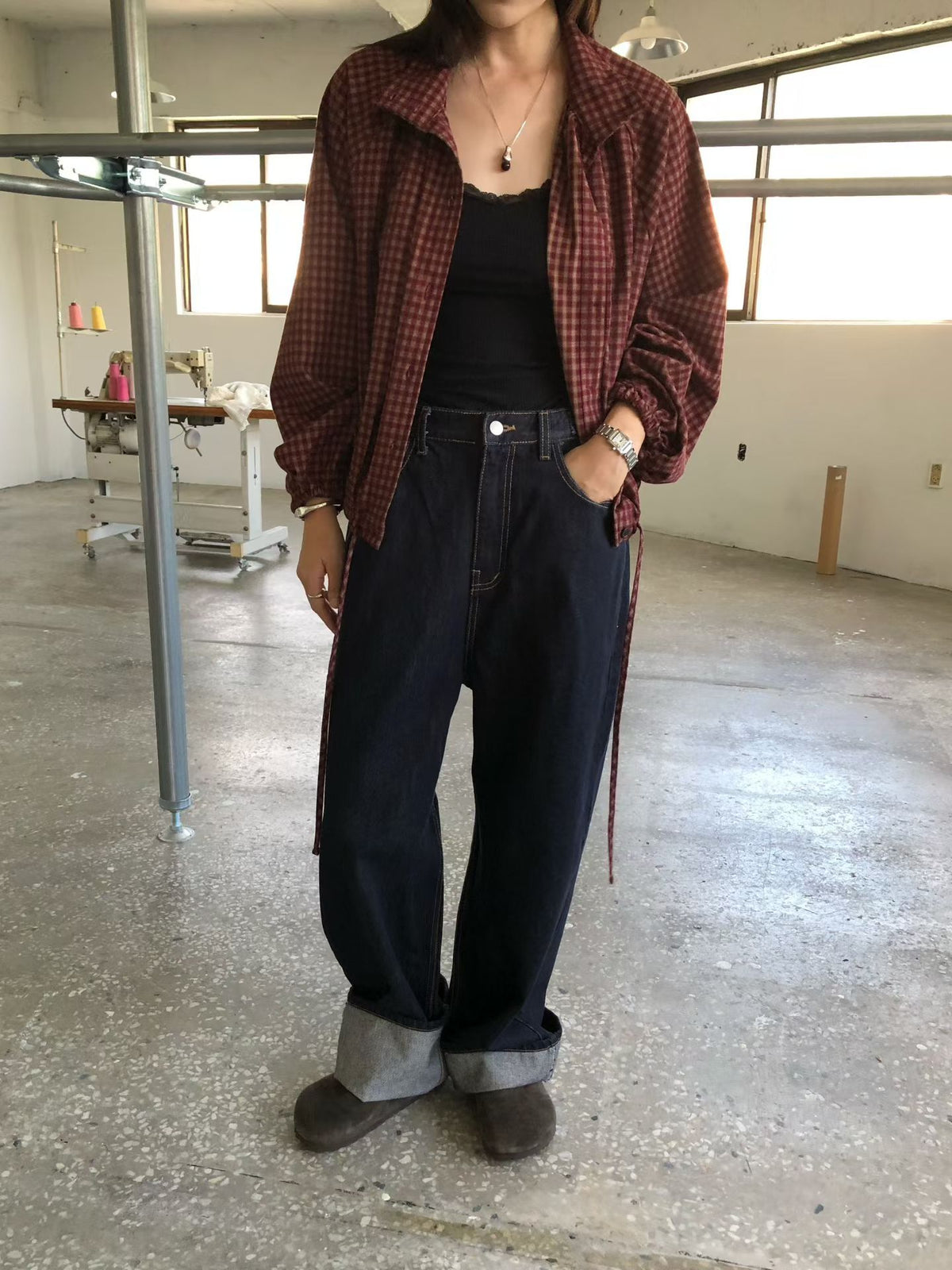 格仔索腰企領恤衫