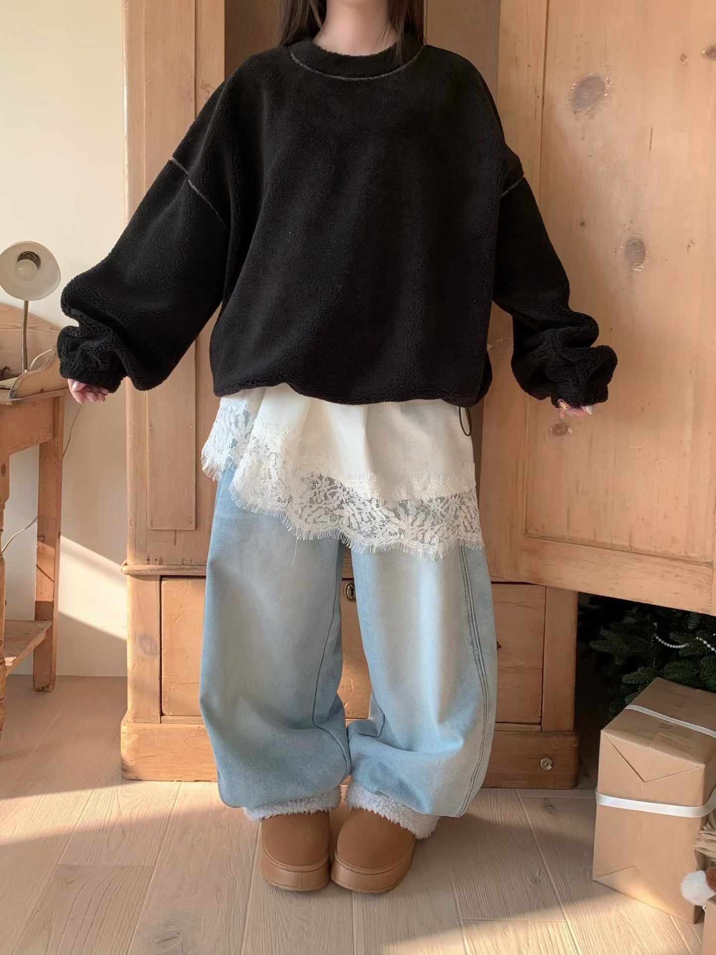 撞色車線天鵝絨長TEE