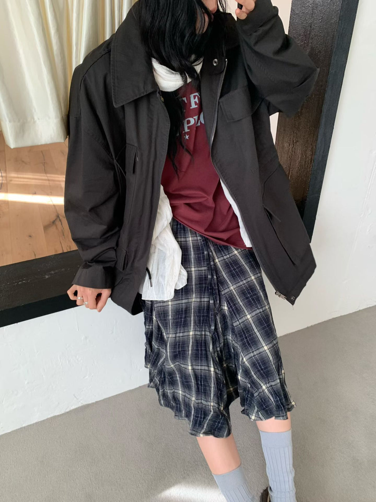 格仔皺皺半褶裙